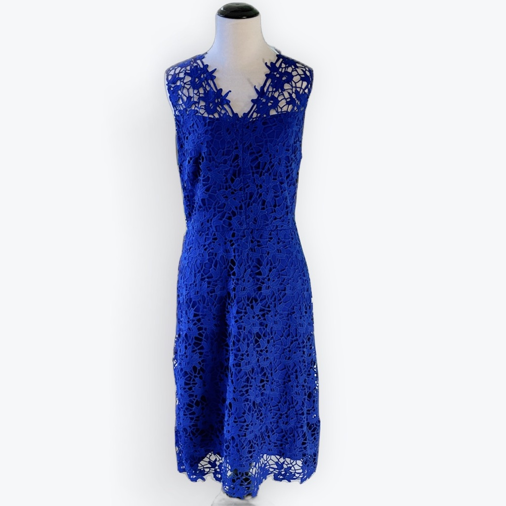 Romantic Feminine Elegant Evening Cocktail Crocheted Lace Royal Blue Dress ~ 10